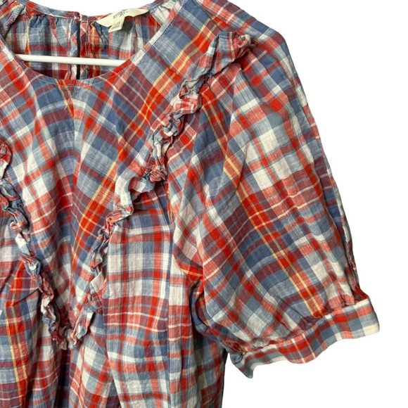 🔹5/$25🔹 Terra & Sky Red Blue Plaid Ruffle Woven Short Sleeve Top 0X (14W) - Picture 4 of 13